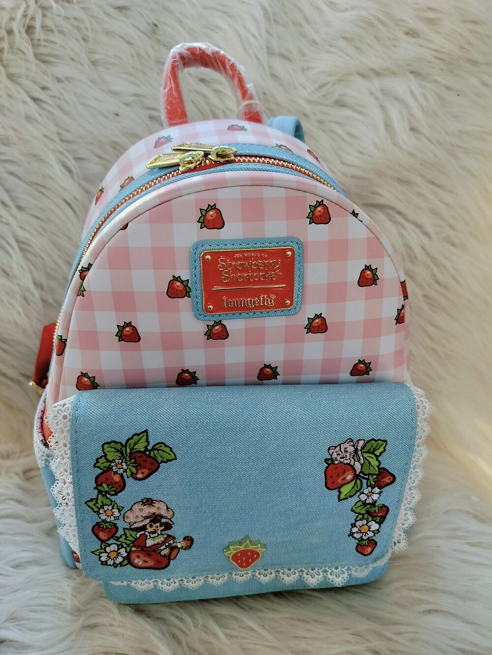 5909) Loungefly Strawberry Shortcake Denim Pocket Gingham Scented Mini Backpack